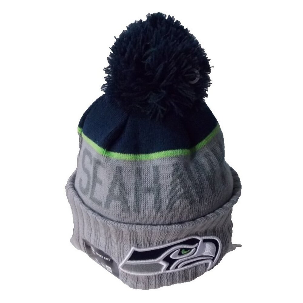 NFL Dark Gray Name Seattle Seahawks on Gray Knit Beanie Hat Adult Pompom Blue